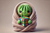 Image created by AI in Dall-E of a baby cactus holding a Rubik’s cube