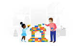 Illustration of two children building with LEGO bricks.