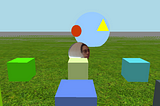 Virtual field with a grass floor and 4 cubes. a face s in the middle of the field.