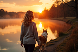 A Caucasian woman with curly blonde hair, dressed in a soft sweater, strolling along a tranquil lake at sunrise, with a rough collie trotting beside her. The orange and pink hues of the sky reflect on the water, enhancing the ethereal environment. The viewer notices her from a distance.