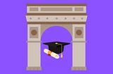 Purple backgound, cartoon archway with graduation cap and diploma cartoon beneath it