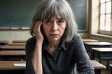 Frazzled, gray-haired teacher overwhelmed and missing her friends.