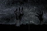 Digitized image of zombies hands raising from dirt.