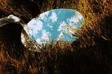 A mirror in long grass, reflecting a blue sky with white clouds.