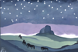 An AI generated watercolour image of the enormous Haytor rock on Dartmoor, with wild ponies grazing close by and a night sky full of stars.