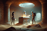 The image shows a dusty ancient tomb with a glowing scarab on a stone pedestal. A woman holding a flashlight and a man in rugged clothes stand at the entrance, looking in with awe. Hieroglyph-covered walls are dimly lit by the scarab’s glow.