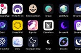 An array of dream app icons on a black home screen, including the icons for the apps included in this review.