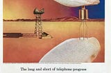 A Western Electric poster titled “The long and short of telephone progress” emblazoned with an extreme closeup of a transistor part (described as no bigger than a tie pin).