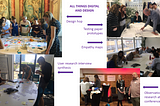 collage of pictures of digital and design activities including testing paper prototypes and synthesising user research findings