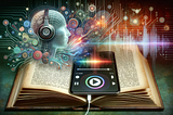 Prompt: A visually compelling image representing the theme of AI transforming PDFs into audiobooks. The foreground features a large, open book with visible text and pages mid-turn, symbolizing the transition from traditional reading to modern technology. In the background, a semi-transparent waveform or audio spectrum visualization is overlaid on the pages, indicating the transformation of text into audio. The central element is a digital tablet or smartphone displaying a stylized audiobook…