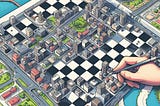 Picture of a city map with a black and white squares checkerboard overlaid on the map.