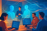 IMAGE: An illustration showing students and software engineers working at laptops while translucent AI holograms stand beside them, with glowing code-like streams linking humans and machines in a shared classroom-studio space
