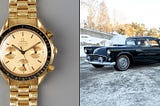 LEFT/TOP: OMEGA, Speedmaster, 39 mm, 18K gold. (Image source: Courtesy under special permission from Auctionet.com). RIGHT/BOTTOM: FORD THUNDERBIRD 1956, two-seater convertible/hard top. (Image source: Courtesy under special permission from Auctionet.com).