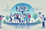 Illustration with an iPhone on a tripod and a group being photographed.