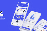 The logo of the Free Bunny app with 3 mobile device mockups that have screens of the designed app.
