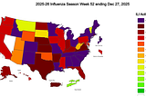 Graphic of USA showing the states with inflenza surging