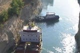 Grounded cargo ship NEMESIS in Corinth Canal Greece