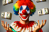 Image of a clown juggling five stacks of $100 bills