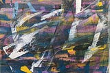 An abstract painting with blocks of white, yellow, pink, purple, and blue. The sweeping paint effect suggests motion & energy
