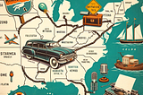 Vintage map tracing a journey from Minnesota to Florida with symbols of writing and a 1930s boat, capturing Ernest Hemingway's era.