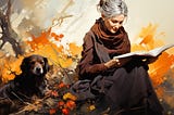 image generated with Midjourney by author. Minimalistic abstract illustration of the author as an old woman, sitting next to a dog, reading.