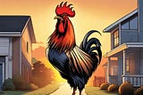 A large colorful rooster in front of houses. A depiction of the hell beast — its reptilian stare backlit by 5am sunlight kissing the suburban horizon as it pauses between onslaughts.