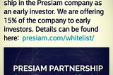 Presiam.com is offering partnership in it’s company.