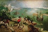 Painting on canvas by Bruegel the Elder. Icarus, drowning. The ploughman, shepherd and angler are indifferent to this scene.