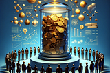 The image shows an abstract, symbolic representation of diversity and research funding in mathematics. Abstract, stylized figures of varying races, ages, and genders stand around a large, transparent glass jar filled with golden coins, suggesting a collective support for research. The jar is adorned with mathematical symbols, emphasizing the theme of mathematics.