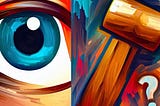 an eye, a hammer and question mark, side-by-side next to each other in graffiti style