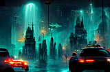 With my handful of free beta trials with Midjourney this  is one of the best looking generated images made by their AI. Prompt words I used: photorealistic bioluminescent urban city with flying cars