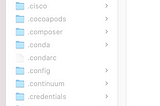 A screenshot of my user folder showing lots of hidden sub-folders from different developemtn enviroment I havee isntalled.