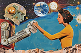 Collage of a robot and a woman holding hands, in space. AI image created on MidJourney V6 by Henrique Centieiro and Bee Lee