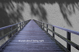 you see a wooden purplish blue bridge in front of you leading to a grey wall with the shadow of leaves. There is one sentence on the bridge “It’s not about being right”