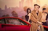 Three young people stand in front of a sports car. The backdrop is an LA sunset. They are rich, young, and hot.