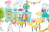 illustration of a kid reading a book in a messy colorful classroom