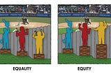 An image illustrating equality and equity using people watching baseball over a fence.