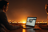 handsome man and beautiful woman using laptop under yellow lights at night.
