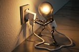 cute lightbulb with robot arms and legs plugs its own tail into a socket