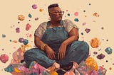 An illustration of a black woman wearing glasses and dungarees sitting cross-legged on a pile of colourful Gems.