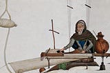 A watercolour and pencil artwork of a bearded man sat at a loom weaving a piece of cloth.