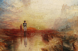 Painting of Napoleon reflecting on the shores of St. Helena with a British sentry and a red-tinged multihued sunset in the background.