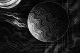 A black-n-white abstract illustration of Earth, Ocean, scientific discovery in the maritime domain, and technological advancements in the blue economy.