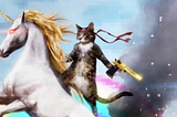Image of a cat with a red bandana, holding a golden gun and riding a fire-spitting unicorn with red glowing eyes. Rainbow and smoke in the background.