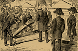 Illustration: Exhumation of Beethoven’s corpse in 1888, now held in San José State University’s Special Collections & Archives. Image shows several formally dressed men (two in bicorn hats, for example) standing round while one man lifts a coffin lid