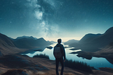 A young man with backpack standing at edge of a trail after a hiking sojourn, looking into the beyond as a river runs far below meandering a mountain range in the dark evening of a star lit sky