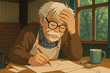 AI-generated Studio Ghibli-style illustration of Hayao Miyazaki drawing at his desk, highlighting the tension between handcrafted animation and AI mimicry.