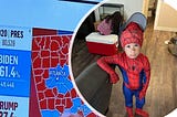 Image of a political map displaying the colors red and blue create a background for a picture of a child dressed in a spiderman costume.