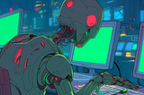 An AI-generated image of robots at computers in an anime style. The robots are humanoid in general shape, but visibly non-human.