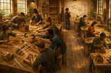 A warm editorial cartoon of several craftspeople crowding around one oversized workbench, accidentally interfering with one another despite working carefully, while a row of newly opened individual workbenches lets them spread out and continue building independently. A blueprint on the wall quietly guides newcomers setting up their own spaces.